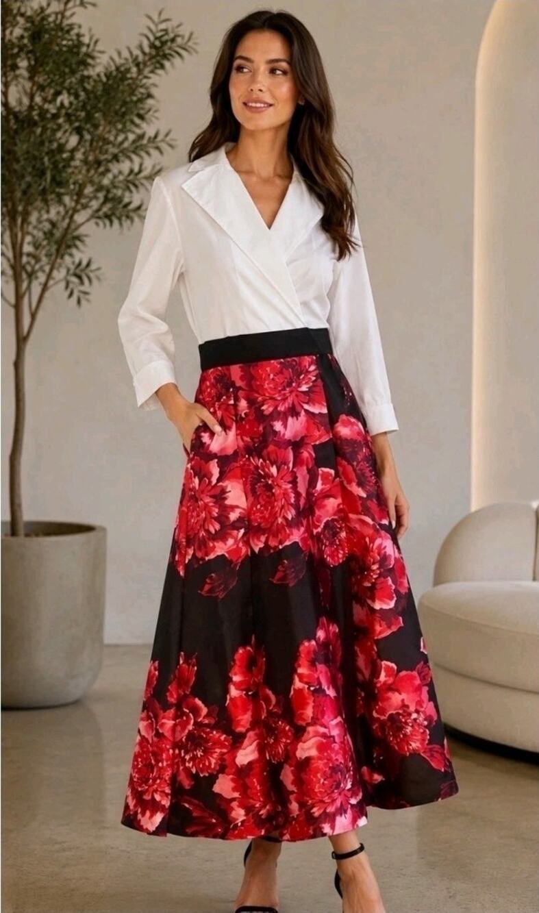 NEW! Alexa B White Black Red Floral Print Maxi Dress Wedding Formal Size 14